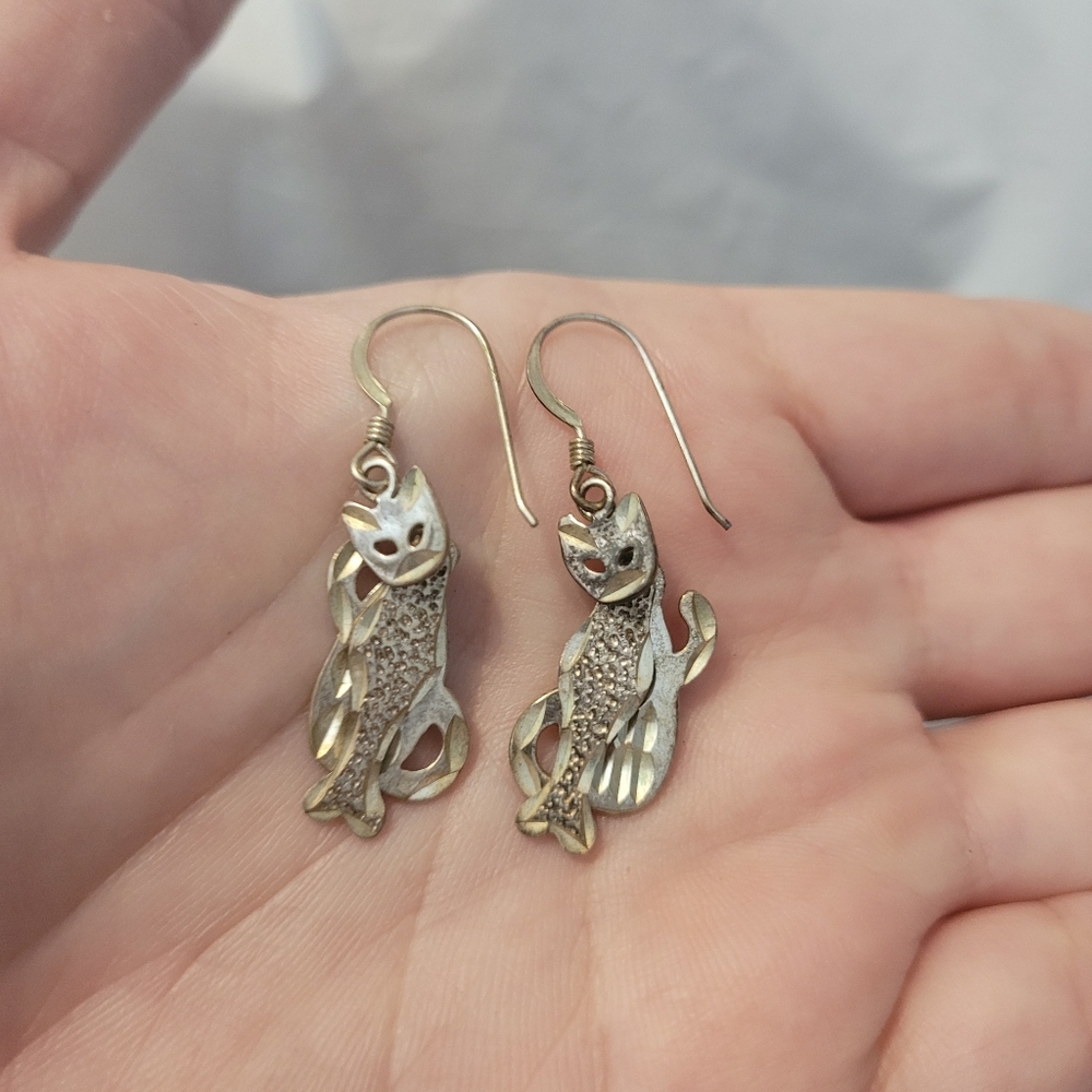 925 Sterling Silver Articulated Cat Dangle Earrings - 1970s Vintage Folk Art - Picture 7 of 12